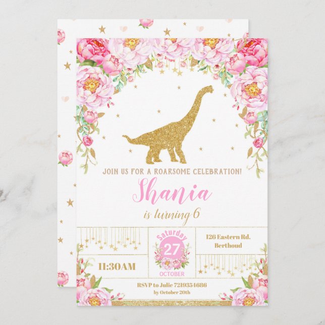 Blommigt Dinosaur Birthday-inbjudan flicka Inbjudningar (Fram/baksida)