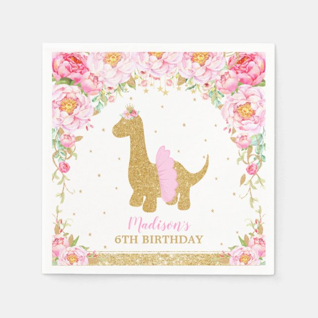 Blommigt Dinosaur Birthday Rosa Tutu Brachiosaurus Pappersservett (Framsidan)