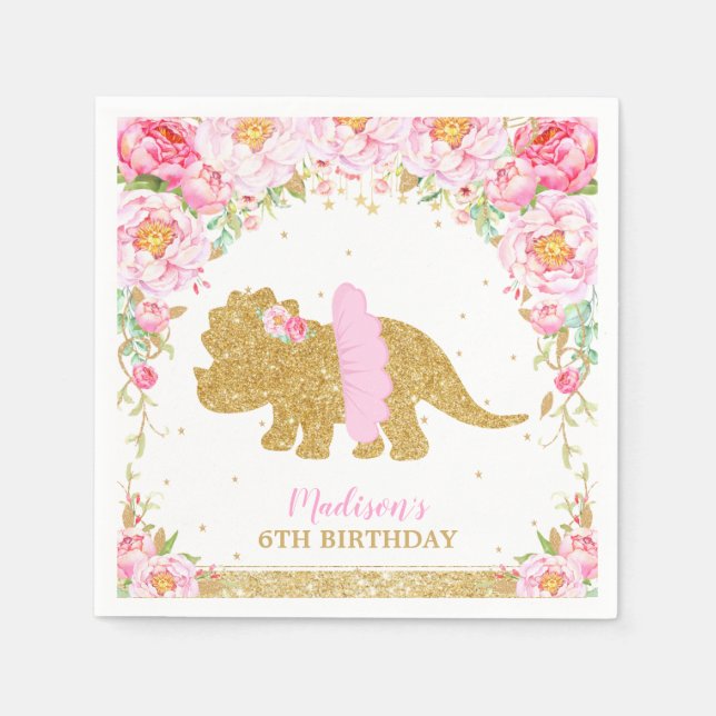 Blommigt Dinosaur Birthday Rosa Tutu Triceratops Pappersservett (Framsidan)