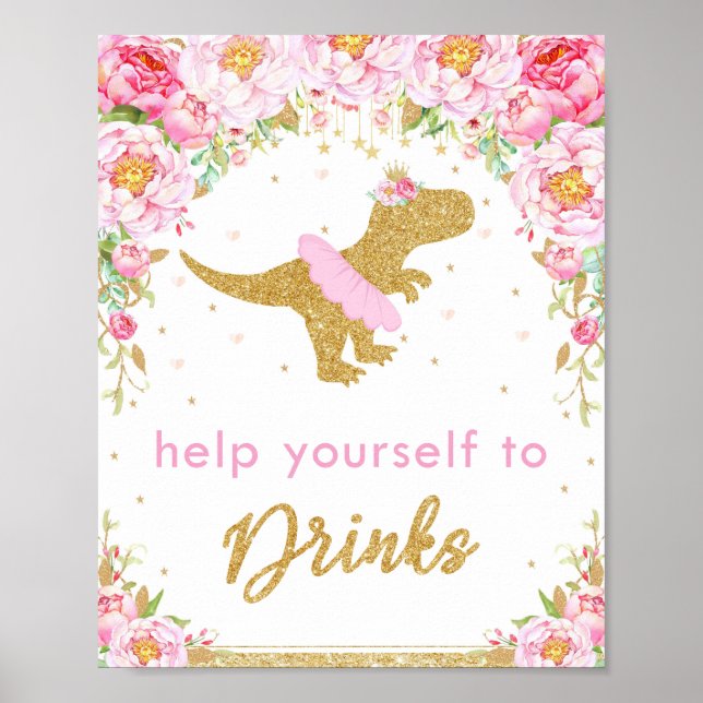 Blommigt Dinosaur Födelsedagsfest T-Rex Drinks Sig Poster (Framsidan)