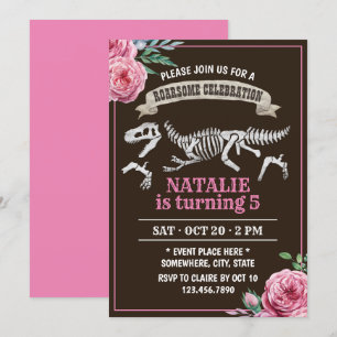 Blommigt Dinosaur Girl Födelsedagsfest Inbjudningar