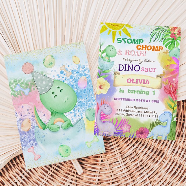 Blommigt Dinosaur Tropical Girl 1ST Birthday Inbjudningar (Skapare uppladdad)