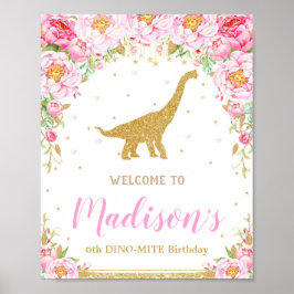 Blommigt Dinosaur Välkommen Birthday Sign Brontosa Poster