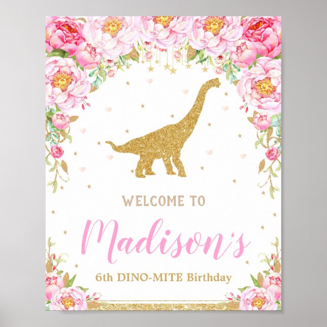 Blommigt Dinosaur Välkommen Birthday Sign Brontosa Poster (Framsidan)