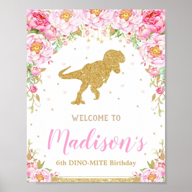 Blommigt Dinosaur Välkomstskyltsbanderoll T-rex Poster (Framsidan)