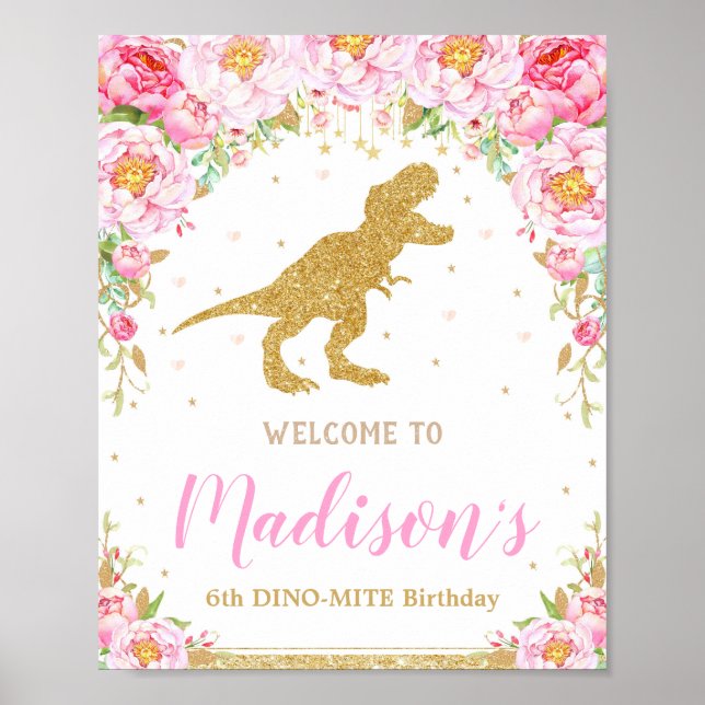 Blommigt Dinosaur Välkomstskyltsbanderoll T-rex Poster (Framsidan)