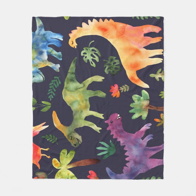 Blommigt Dinosaurs: Watercolor Fabric Design Fleecefilt (Framsidan)