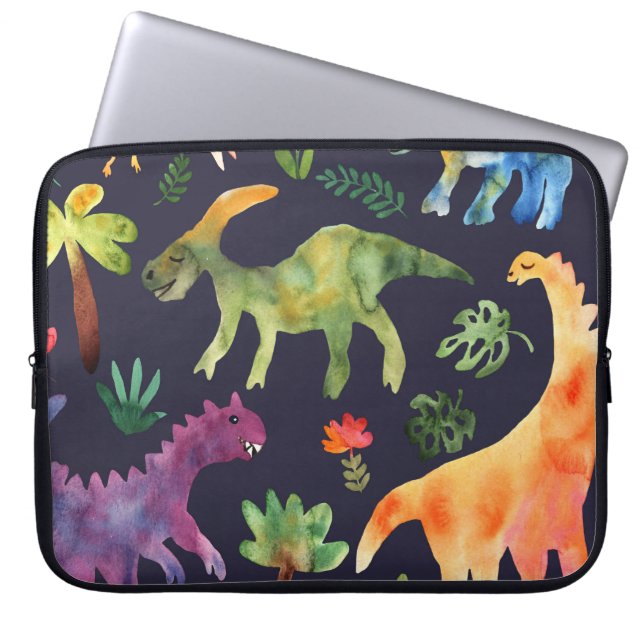 Blommigt Dinosaurs: Watercolor Fabric Design Laptop Fodral (Framsidan)