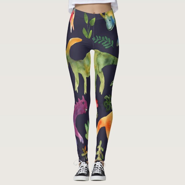 Blommigt Dinosaurs: Watercolor Fabric Design Leggings (Framsida)