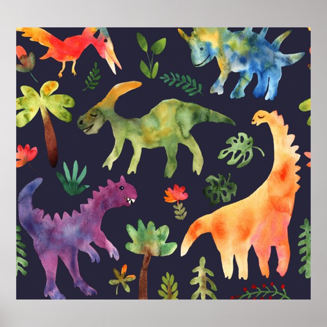 Blommigt Dinosaurs: Watercolor Fabric Design Poster (Framsidan)