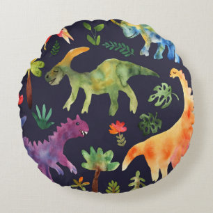 Blommigt Dinosaurs: Watercolor Fabric Design Rund Kudde