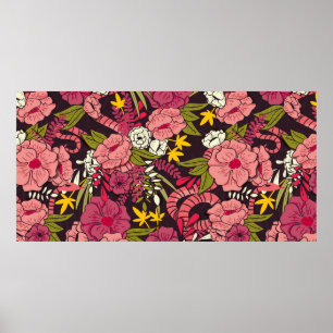 Blommigt djungel med ormar mönster, tropisk blomma poster