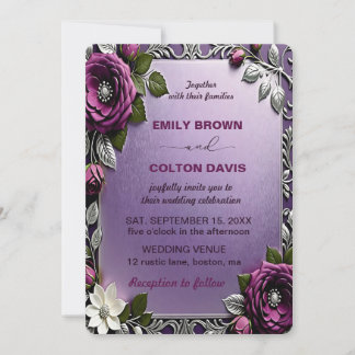 Blommigt Djup Lila Silver och grönt Bröllop Inbjudningar