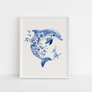 Blommigt Dolphin - Kustblått på Beige Wall Art Poster