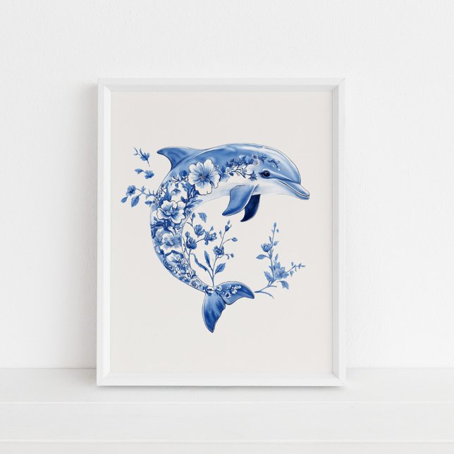 Blommigt Dolphin - Kustblått på Beige Wall Art Poster (Floral Dolphin – Coastal Blue on Beige Wall Art in a white frame on the floor.)