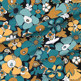 Blommigt Doodles senap gult teal blue aqua Tyg