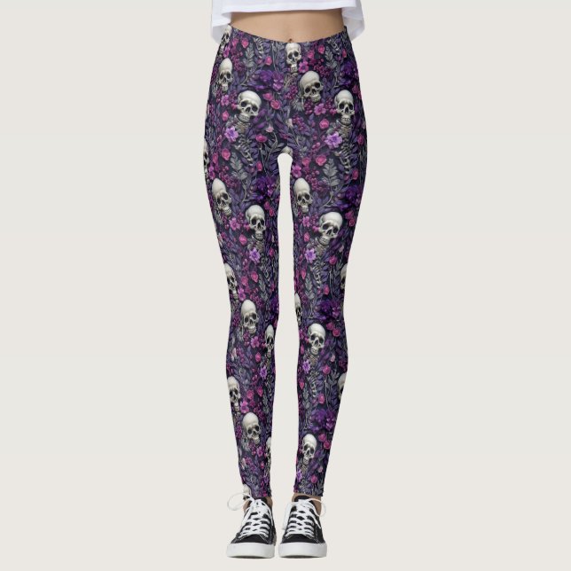 Blommigt Döskallar Lila blommor Gothic Leggings (Framsida)