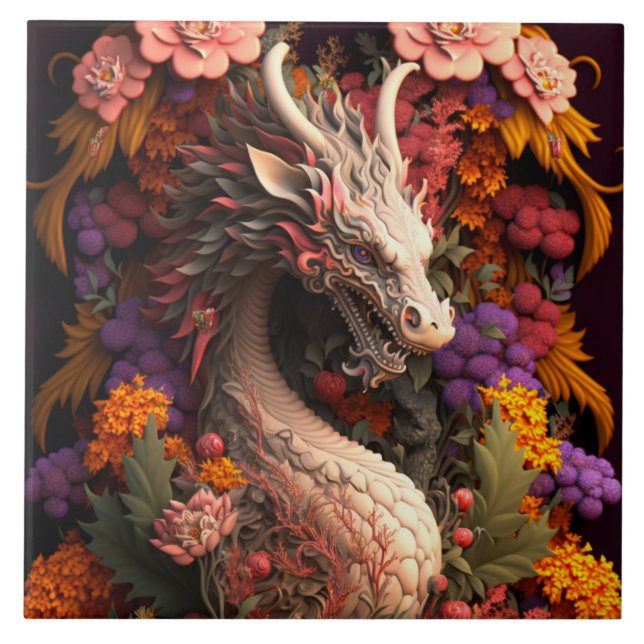 Blommigt Dragon Ceramic Tile Kakelplatta (Framsidan)