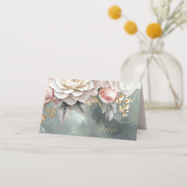 Blommigt Drama Bröllop Grönt-ID1022 Placeringskort (Framsida)