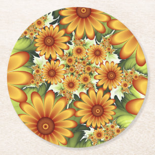 Blommigt Dream, Modern Abstrakt Flower Fractal Art Underlägg Papper Rund