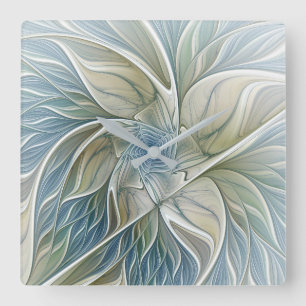 Blommigt Dream Mönster Abstrakt Blue Khaki Fractal Fyrkantig Klocka