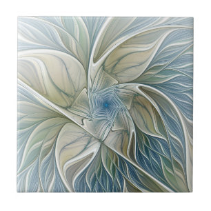 Blommigt Dream Mönster Abstrakt Blue Khaki Fractal Kakelplatta