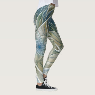 Blommigt Dream Mönster Abstrakt Blue Khaki Fractal Leggings