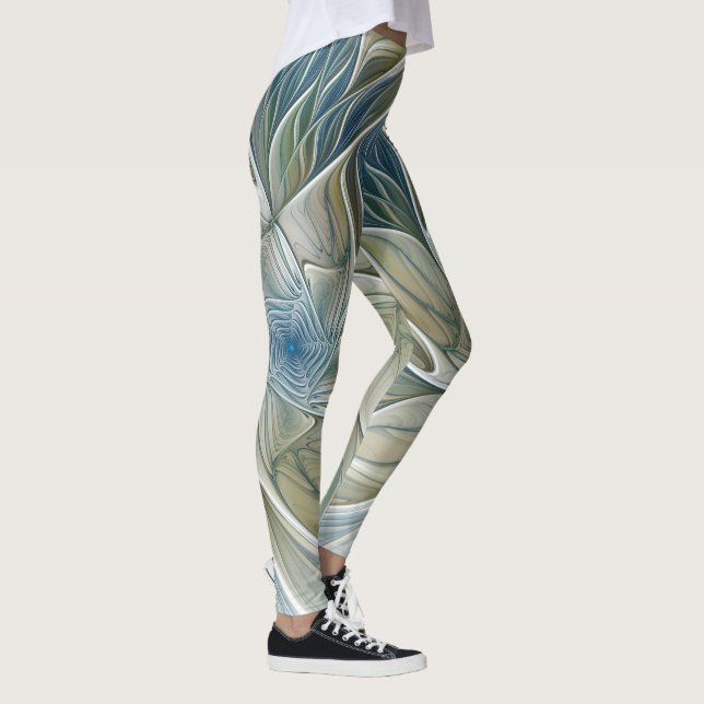 Blommigt Dream Mönster Abstrakt Blue Khaki Fractal Leggings (Höger)