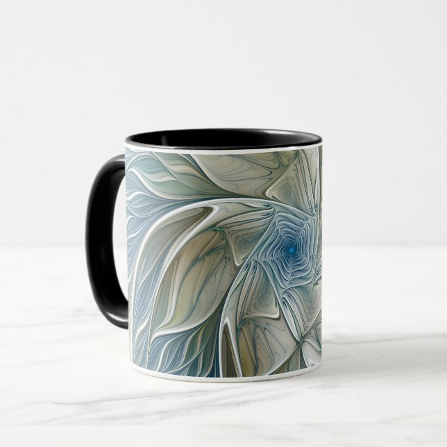 Blommigt Dream Mönster Abstrakt Blue Khaki Fractal Mugg (Framsida vänster)