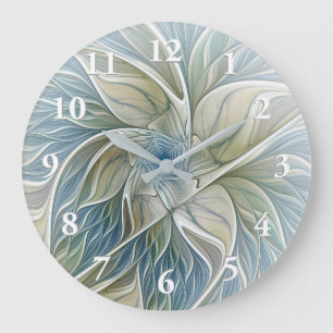 Blommigt Dream Mönster Abstrakt Blue Khaki Fractal Stor Klocka