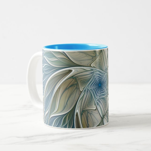 Blommigt Dream Mönster Abstrakt Blue Khaki Fractal Två-Tonad Mugg (Framsida vänster)