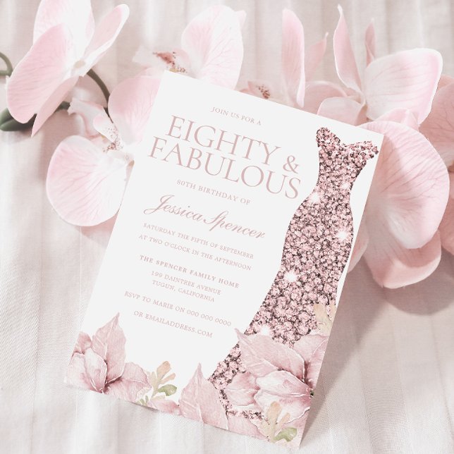  Blommigt & Dress Glitter 80:e Födelsedagsfesten Inbjudningar (Skapare uppladdad)