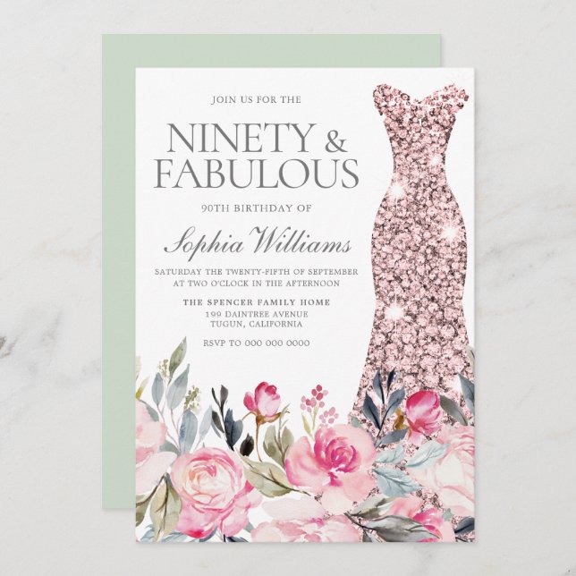  Blommigt Dress Nittio & Fabulous 90:e Birthday Inbjudningar (Fram/baksida)