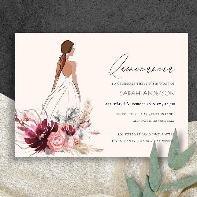 Blommigt Dress Pampas Grass Quinceanera Inbjudan (Skapare uppladdad)