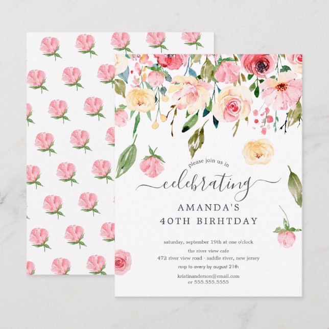 Blommigt Drop Rosa Peonies Födelsedagsfest inbjuda Inbjudningar (Fram/baksida)