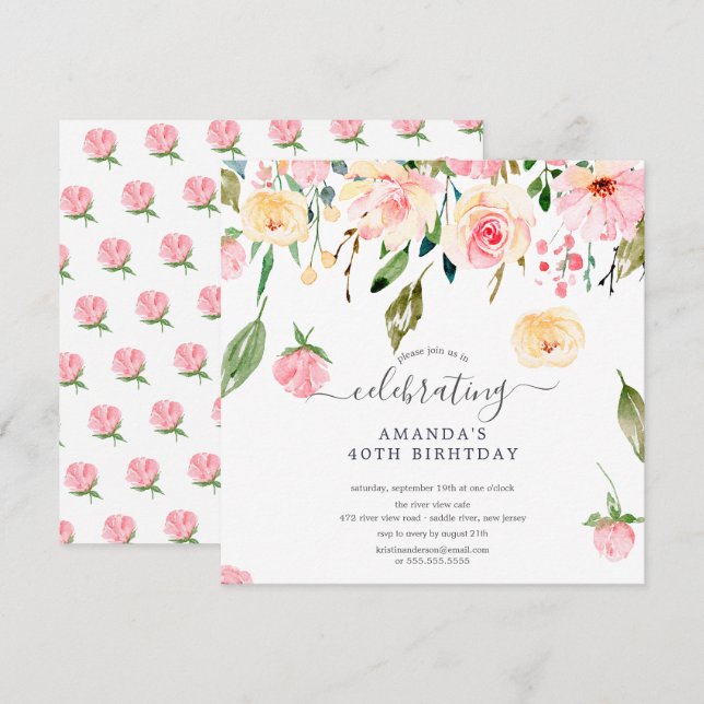 Blommigt Drop Rosa Peonies Födelsedagsfest inbjuda Inbjudningar (Fram/baksida)
