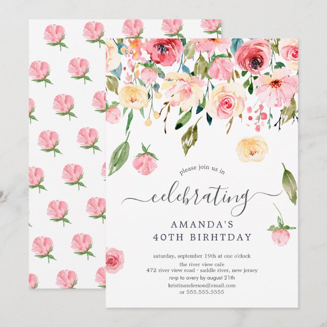 Blommigt Drop Rosa Peonies Födelsedagsfest Inbjudningar (Fram/baksida)