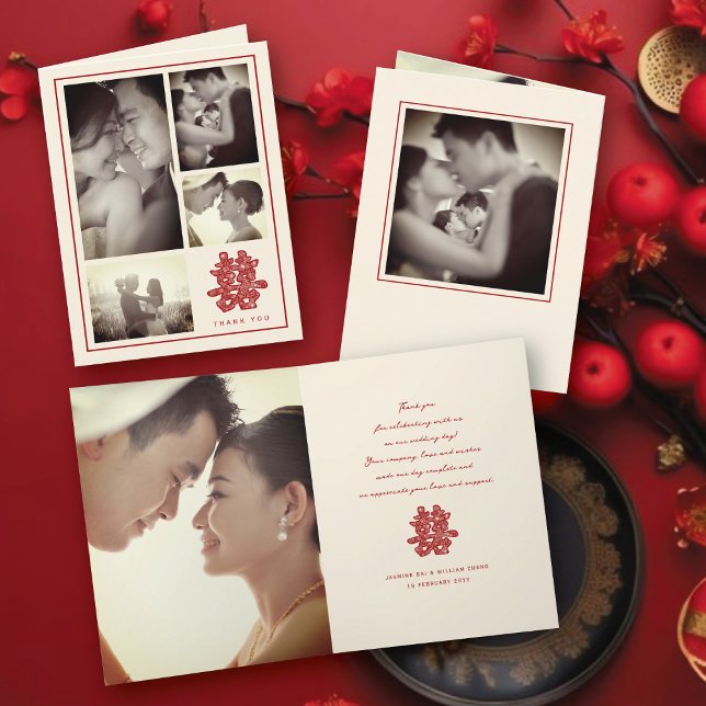 Blommigt Dubbla Happity Chinese Bröllop 4 Photo Tack Kort (Red/Ivory Floral Papercut Elegant Double Happiness Chinese Wedding 4 Photo Thank You Folded Card)