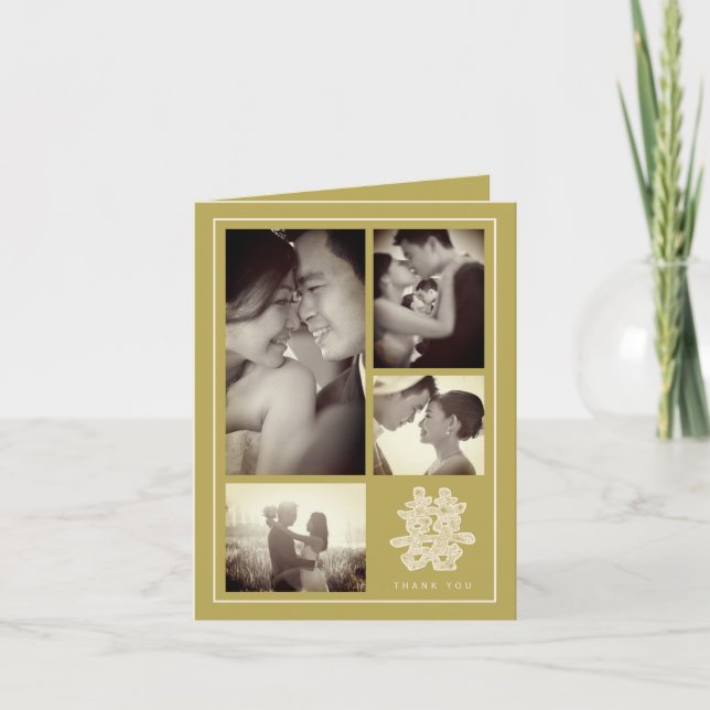 Blommigt Dubbla Happity Chinese Bröllop 4 Photo Tack Kort (Framsida)