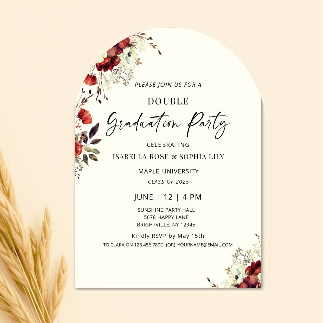 Blommigt Dubbla Studentfest Twin Studenten Inbjudningar (arch graduation invitations, floral graduation invitations, floral graduation party invitations, hig)