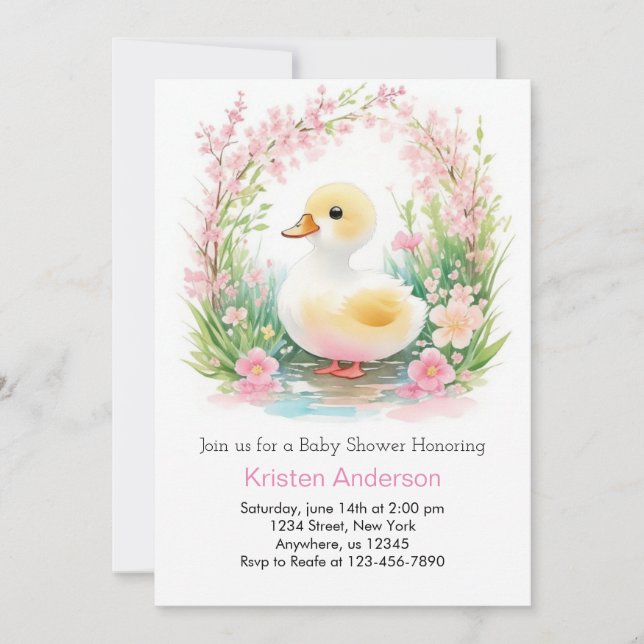 Blommigt Duckling Cute Rosa Girl Baby Shower Inbjudningar (Framsida)