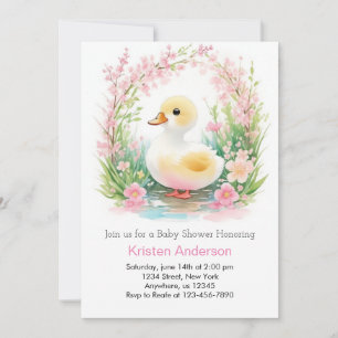 Blommigt Duckling Cute Rosa Girl Baby Shower Inbjudningar