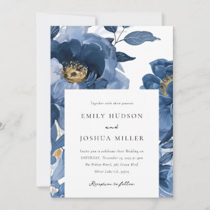 Blommigt Dusky Blue Guld Elegant bröllop Inbjudningar