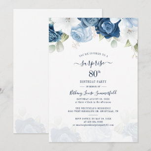 Blommigt Dusty Blue 80:e Födelsedagsfesten Inbjudningar