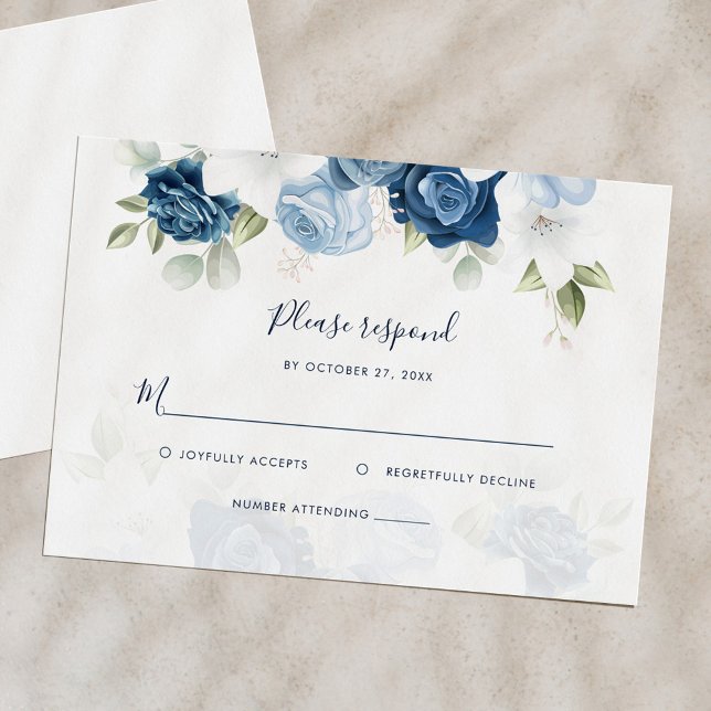 Blommigt Dusty Blue Blommigt Script Bröllop OSA Kort (Floral Dusty Blue Watercolor Bloom Wedding RSVP Card)
