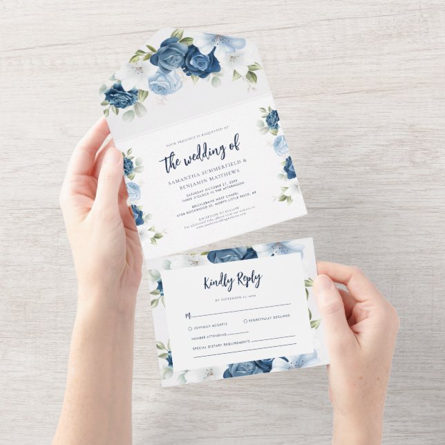 Blommigt Dusty Blue Bloom Script Bröllop (Tearaway)
