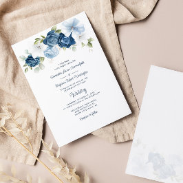 Blommigt Dusty Blue Botanical Script Bröllop Inbjudningar