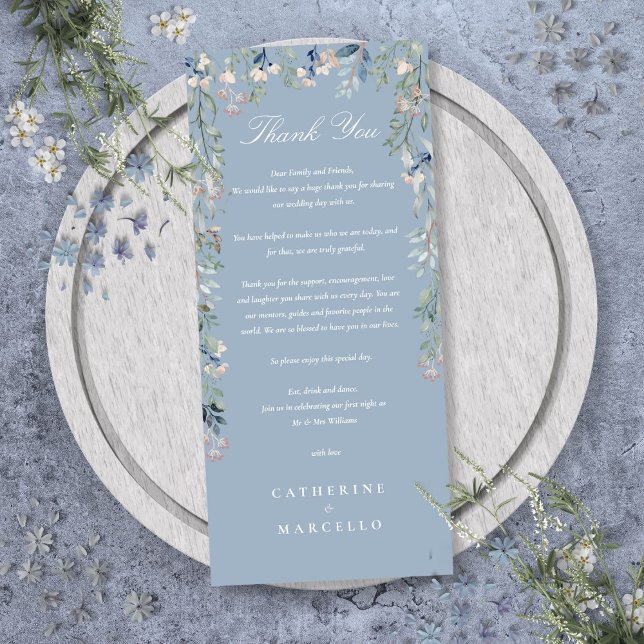 Blommigt Dusty Blue Bröllop Tack Place Card Meny (Floral Dusty Blue Wedding Thank You Place Card)