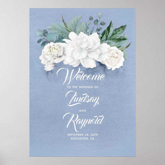 Blommigt Dusty Blue Bröllop Välkommen Poster (Framsidan)