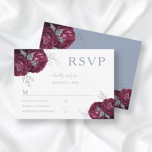 Blommigt Dusty Blue Burgundy Peonies Elegant bröll OSA Kort (Skapare uppladdad)